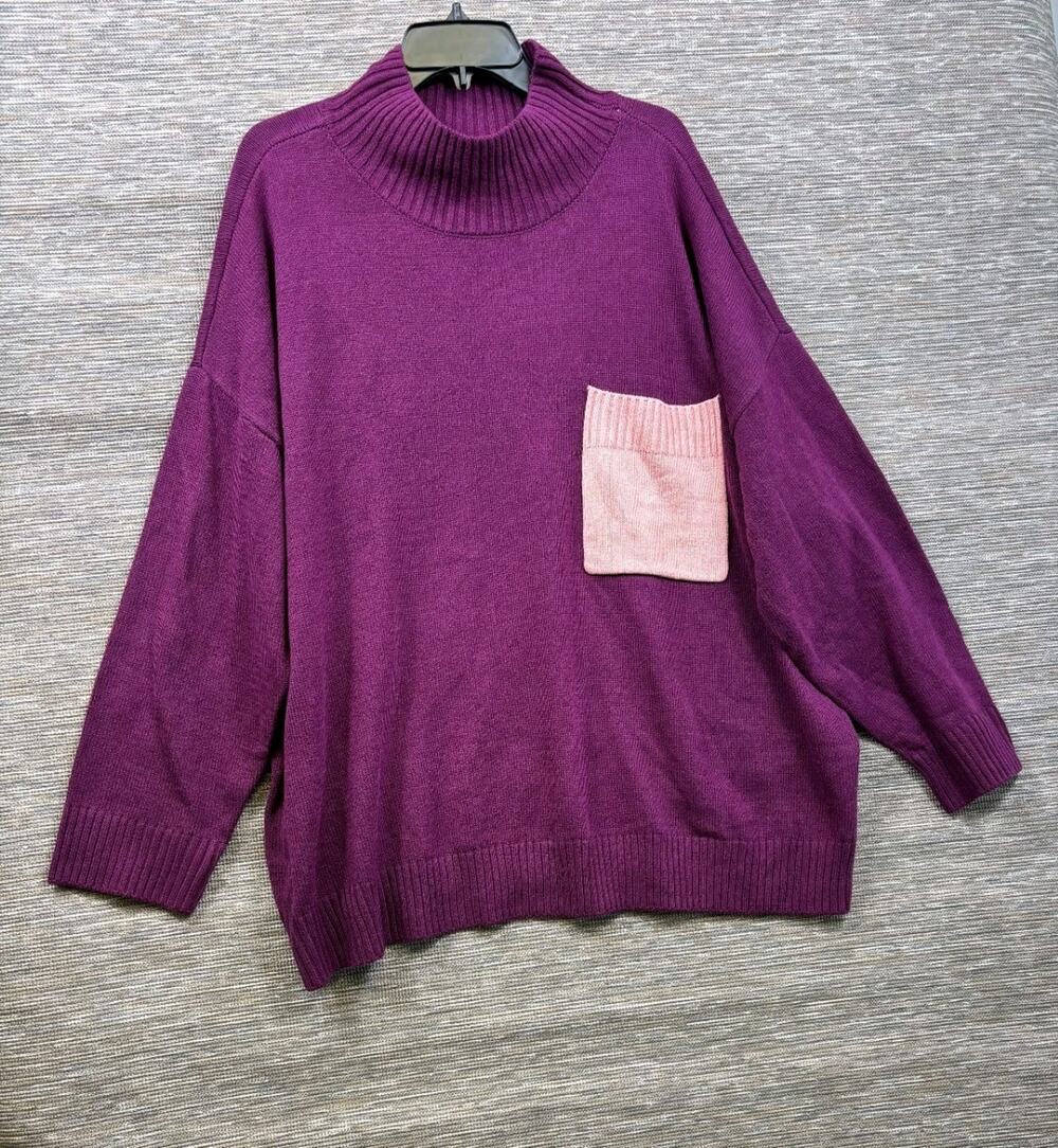 Peace Love World Women's Turtleneck ColorBlock Pocket Sweater Size 3X Purple